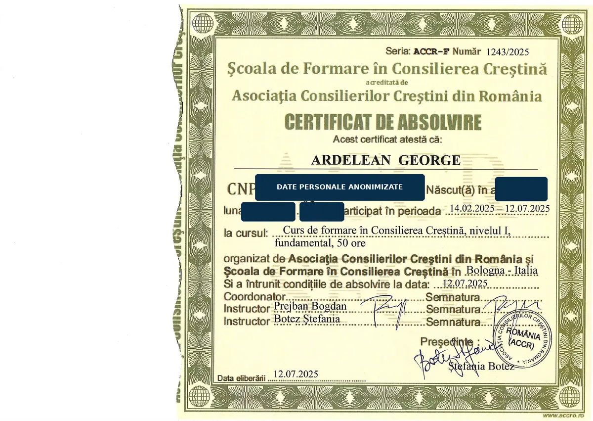Copie publică anonimizată a certificatului de absolvire a cursului de consiliere creștină