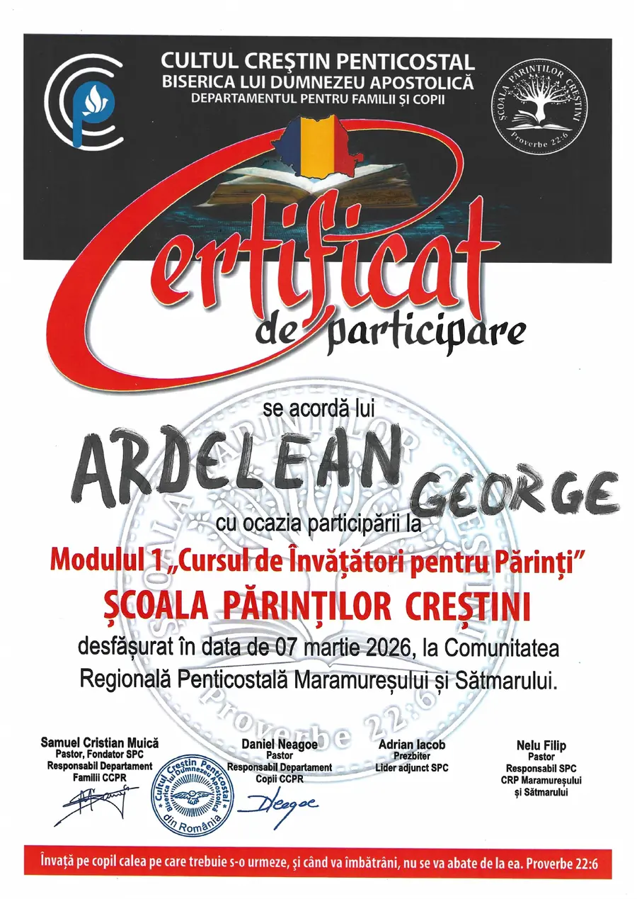 Certificat de participare la Cursul de Învățători pentru Părinți, Școala Părinților Creștini
