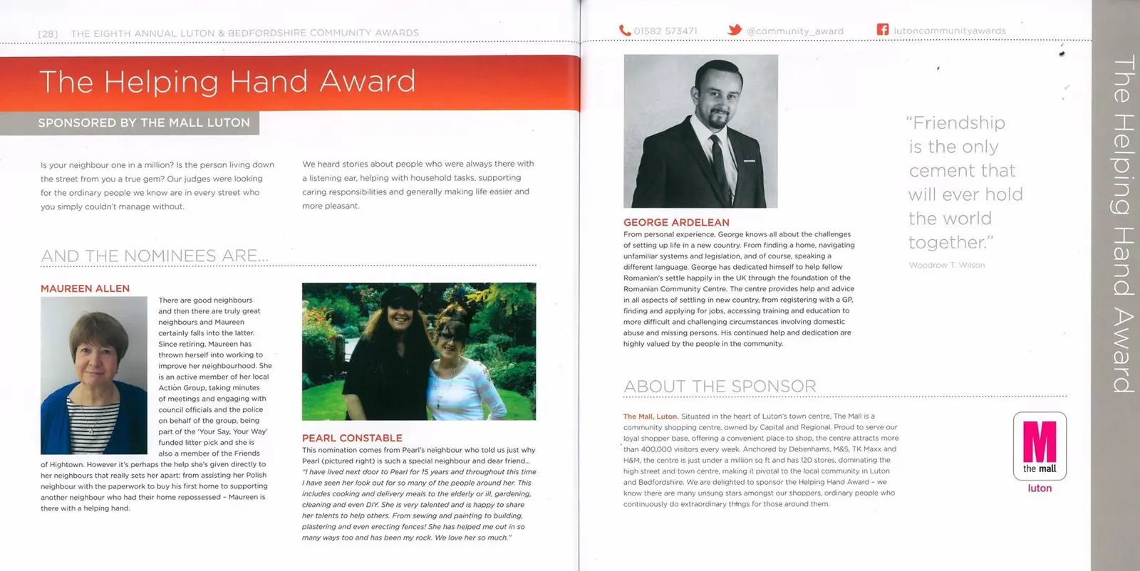 Pagina programului The Helping Hand Award cu nominalizarea lui George Ardelean