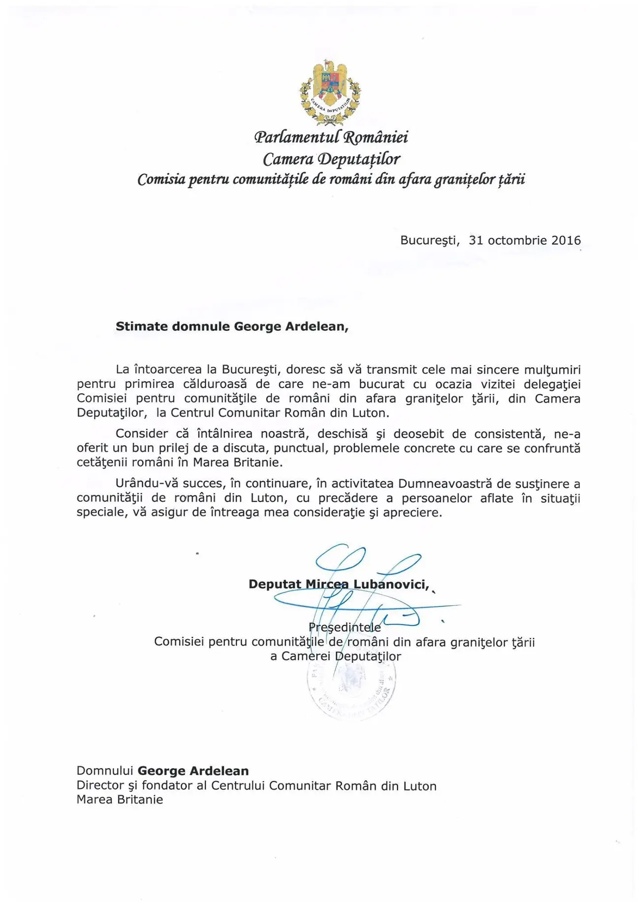Scrisoare de apreciere din partea Camerei Deputaților din 31 octombrie 2016