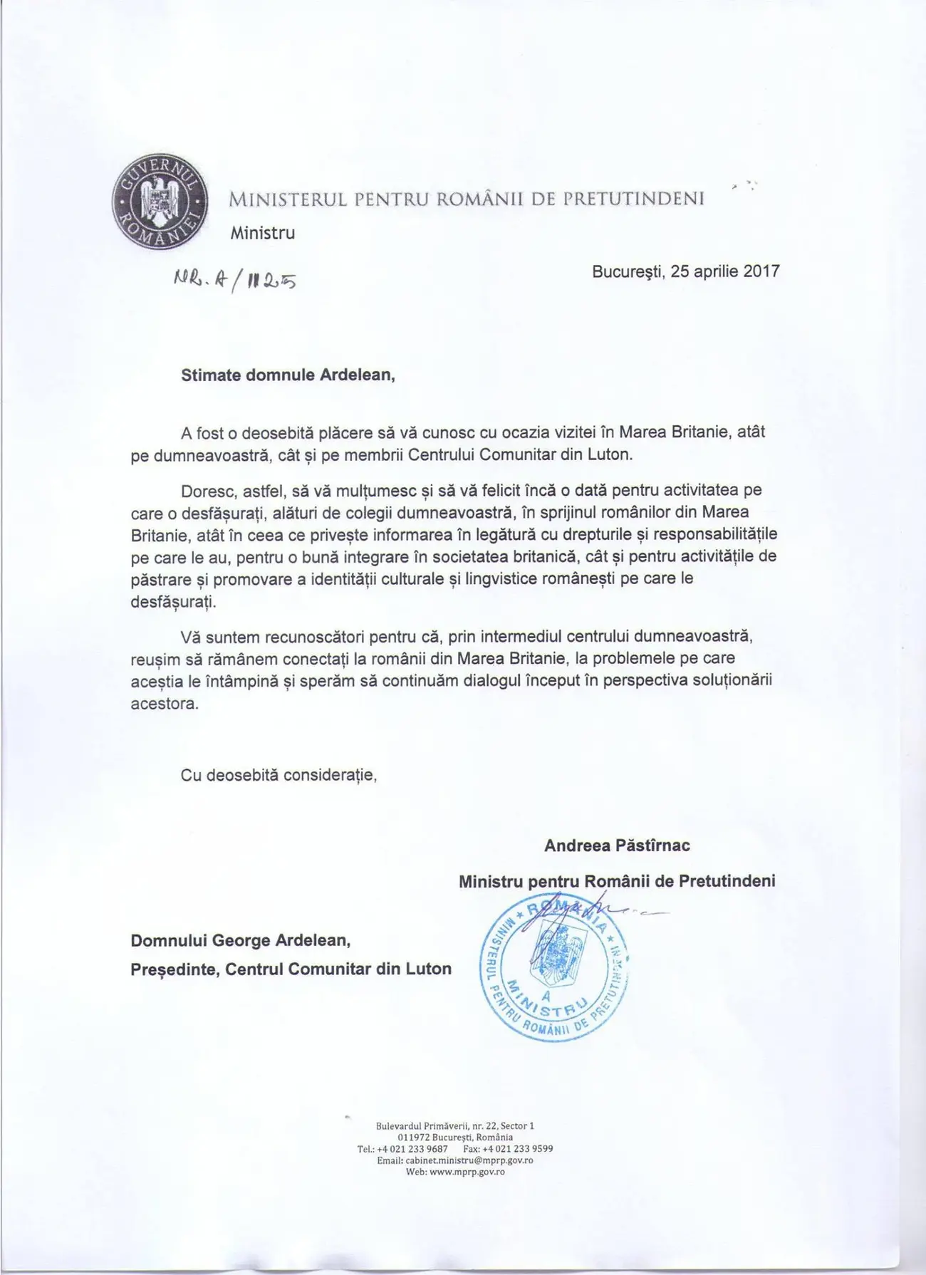 Scrisoare din partea Ministerului pentru Românii de Pretutindeni din 25 aprilie 2017